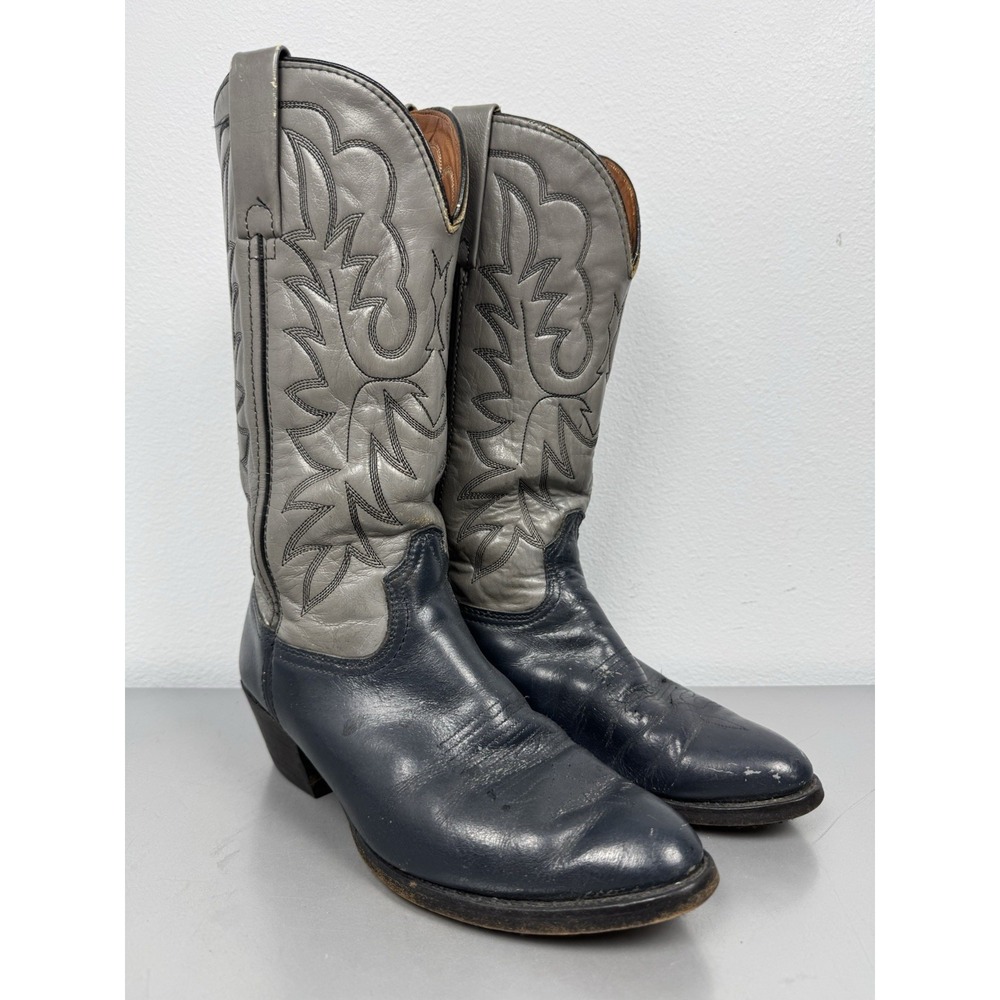 Vintage Durango Cowboy Boots Mens 9 D Gray Navy Blue Leather Western Rodeo Work